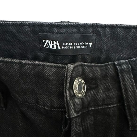 Zara Black Wide Leg Raw Hem High Waisted Button Fly Denim Mom Jeans - Picture 6 of 7